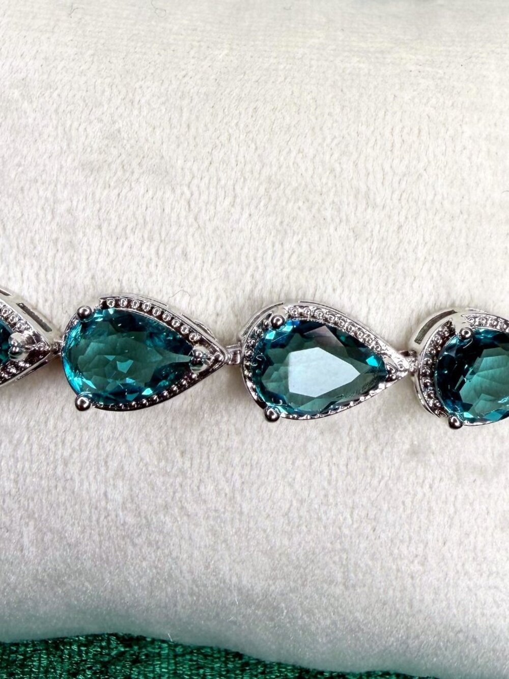 High Carbon CZ Teal Teardrop Statement Bracelet 14K White Gold Plated 7-8"